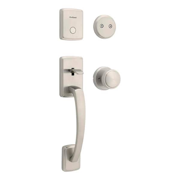 Brentford Satin Nickel Double Door Dummy Door Handleset with Sora Interior Door Knob