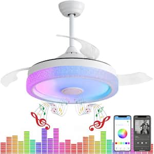 42 in. LED Indoor White Smart Retractable Ceiling Fan Light, Remote and APP Control for RGB Color and Bluetooth Speaker