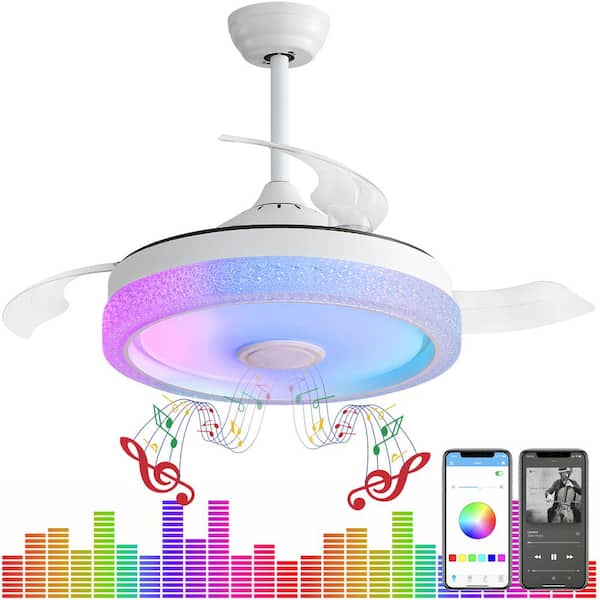 Sofucor 42 in. LED Indoor White Smart Retractable Ceiling Fan Light, Remote and APP Control for RGB Color and Bluetooth Speaker