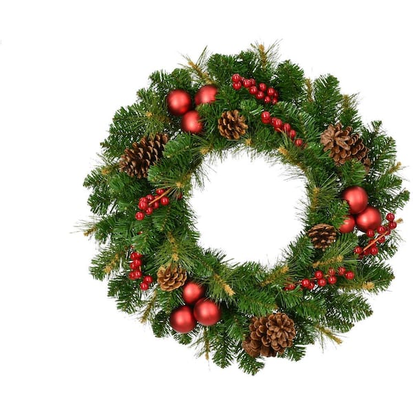 Fraser Hill Farm 24 in. Joyful Artificial Christmas Wreath with Pinecones, Berries and Ornaments
