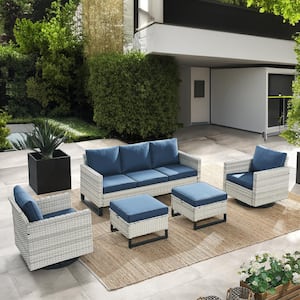 5-Piece White Wicker Patio Conversation Swivel Outdoor Rocking Chair Set Sectional Sofa with Blue Cushions