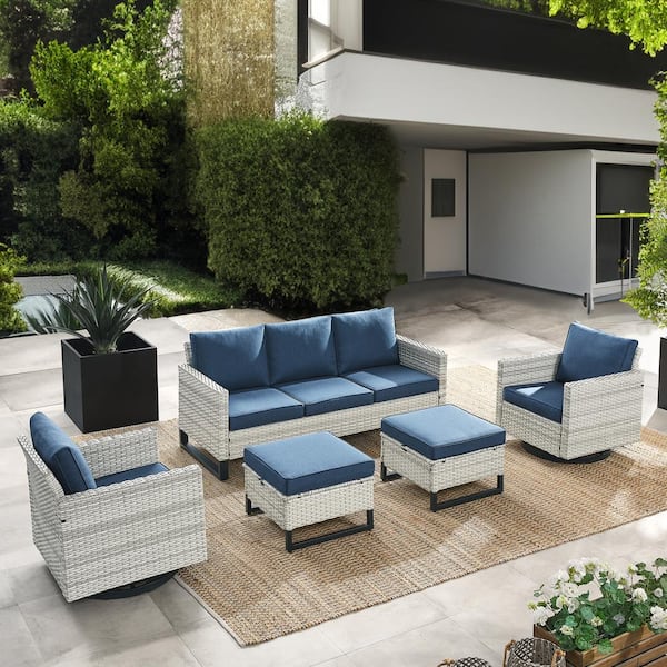 Pocassy 5-Piece White Wicker Patio Conversation Swivel Outdoor Rocking Chair Set Sectional Sofa with Blue Cushions