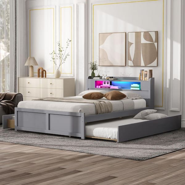 Nestfair Gray Wood Frame Queen Size Platform Bed with LED and Twin Size Trundle