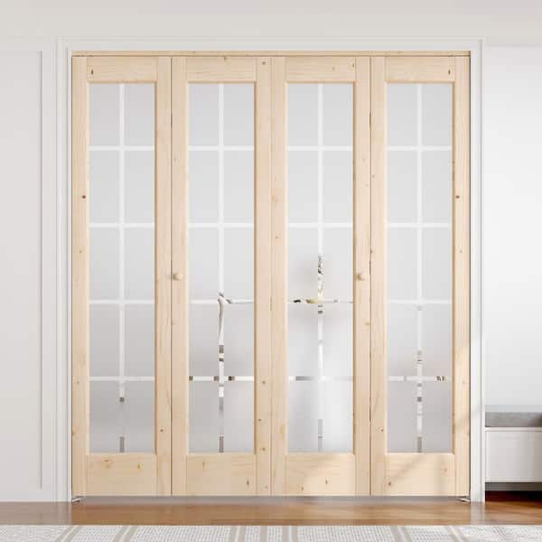 72 in. x 80 in. 3/4 Lite Frosted Glass Preassembled Solid Core Wood Spruce Bi-fold Door with Hardware