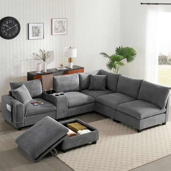 139 in. Chenille U Shaped Modular Sectional Sofa Gray with Storage Ottoman, Console, Cup Holder, USB Charger