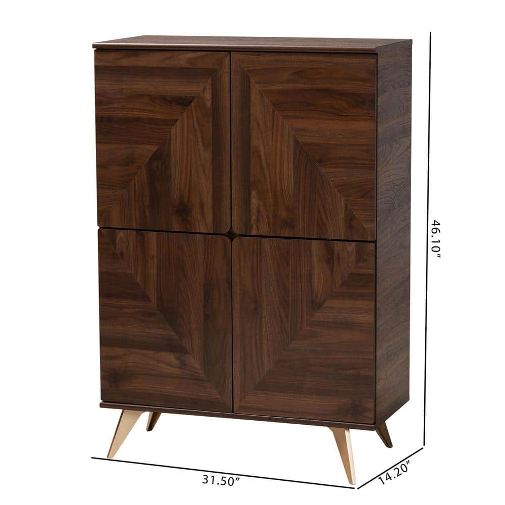 Graceland Walnut Wood Shoe Cabinet with Gold Legs