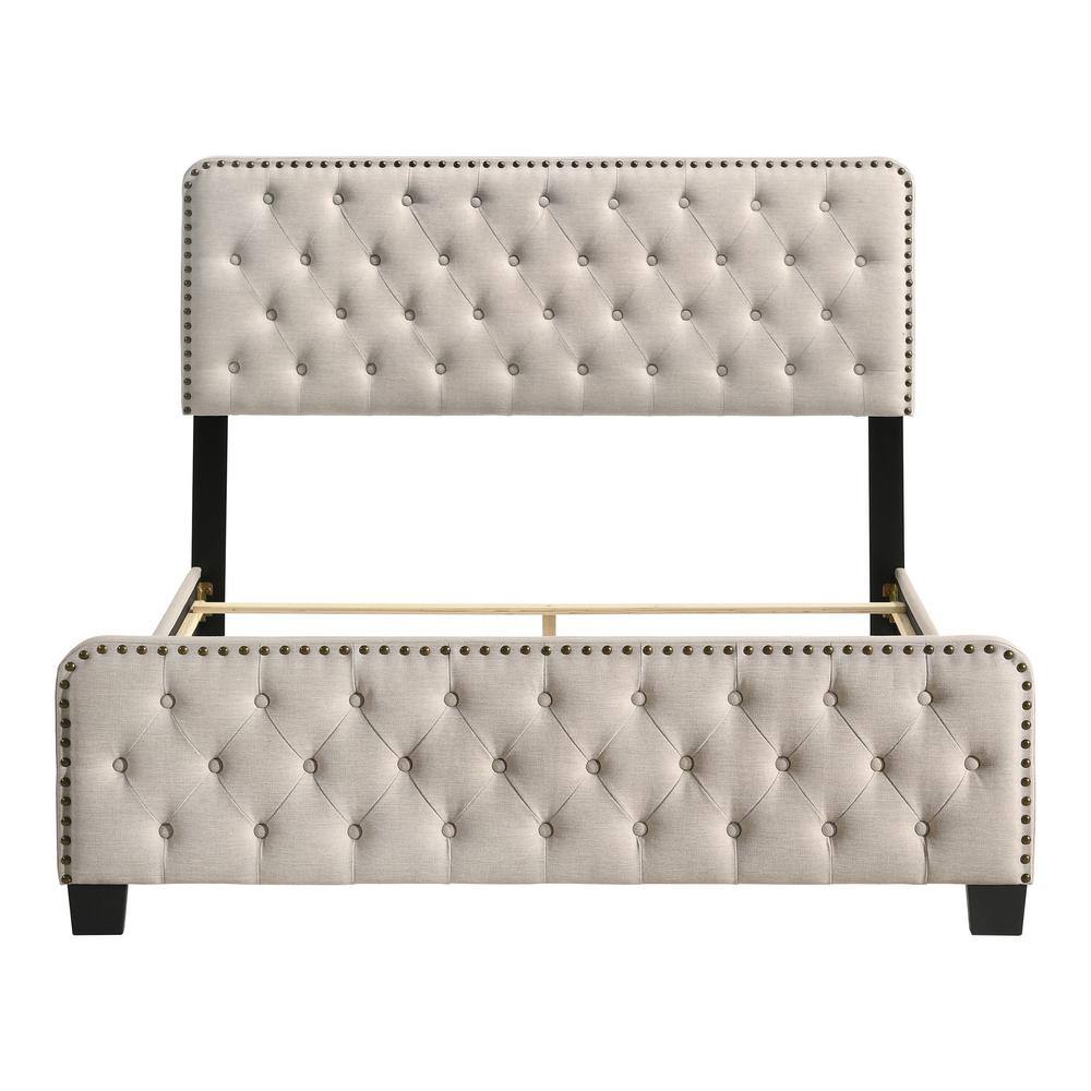Beige King Upholstered Wood Bed with Tufted Headboard and Nailhead Trim