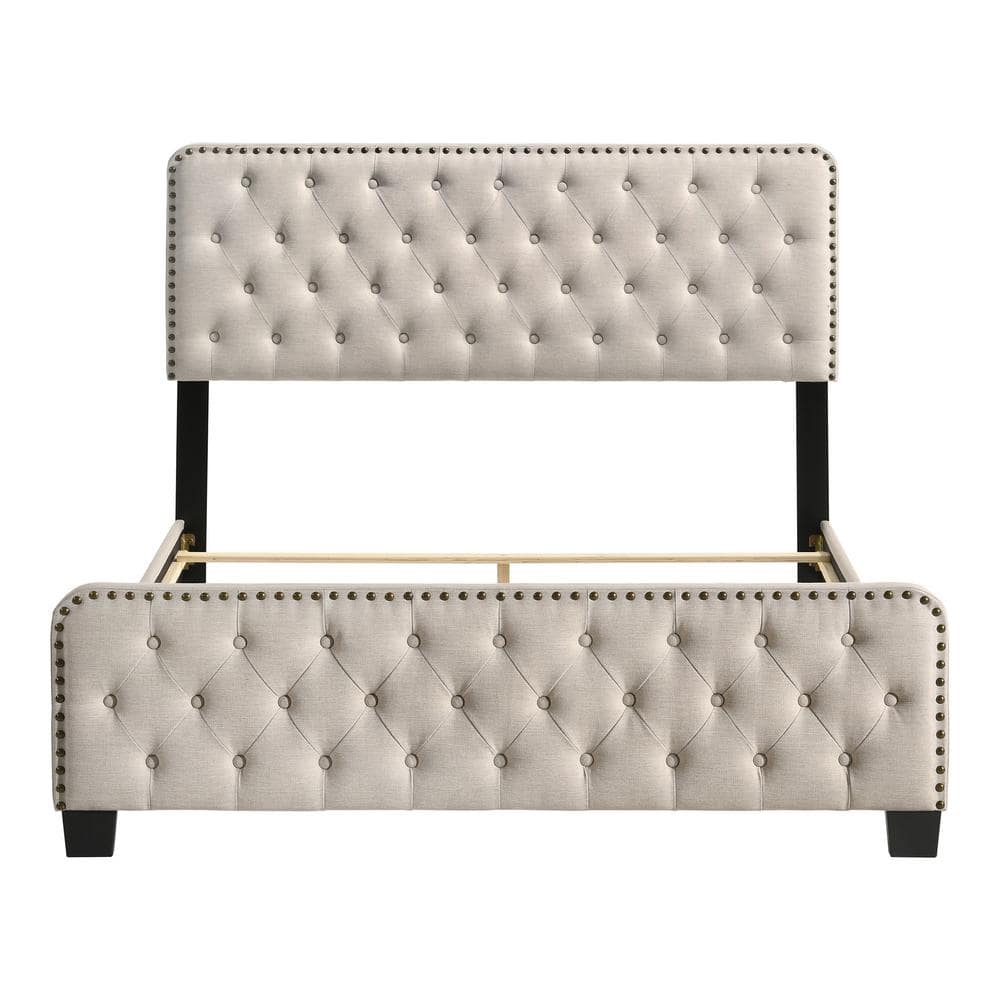 Beige Full Upholstered Wood Bed with Tufted Headboard