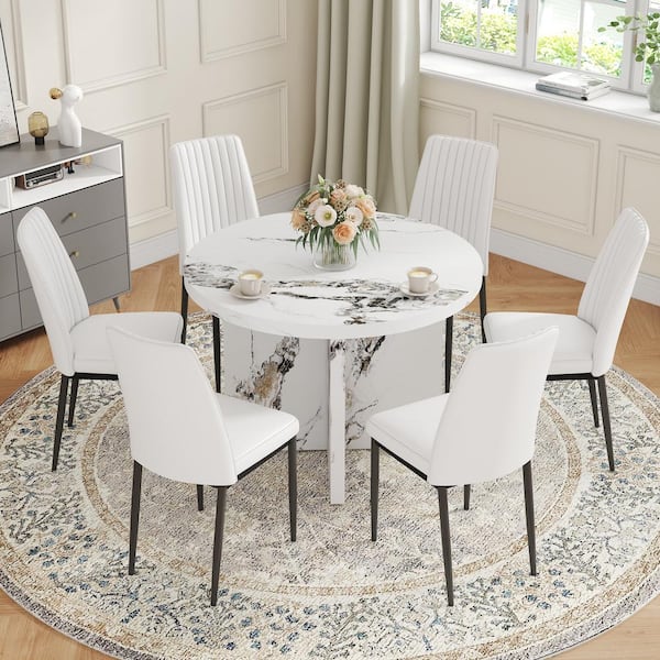 Harper & Bright Designs 7-Piece Round White MDF Top Dining Table Set Seats-6 with Pedestal Table Base and 6 PU Upholstered Chairs