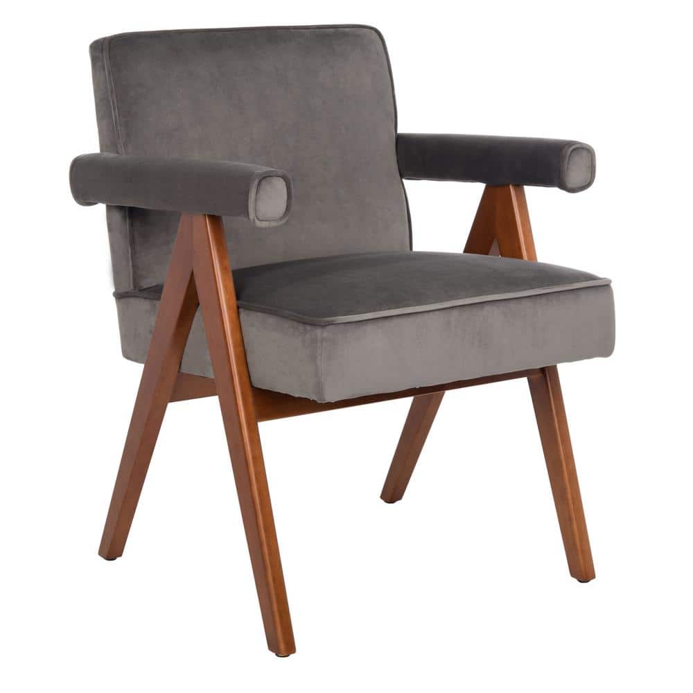 Dark Grey Velvet and Walnut Mid-Century Accent Chair