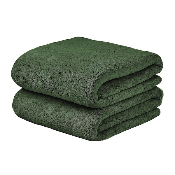 Olive Polyester Velvet Grid Bath Towel (Set of 2)