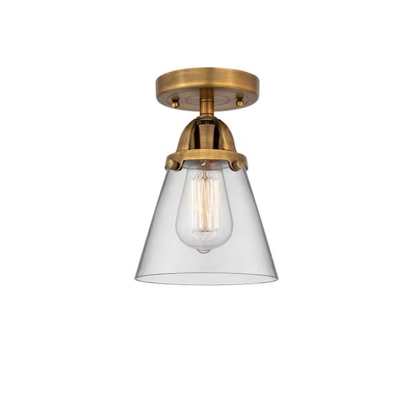 Cone 6.25 in. 1-Light Brushed Brass Industrial Semi-Flush Mount with Clear Glass Shade