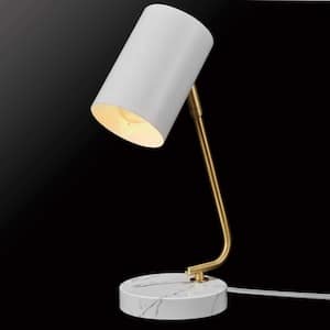 Athena 15 in. White Desk Lamp with Brass Arm and White Faux Marble Base