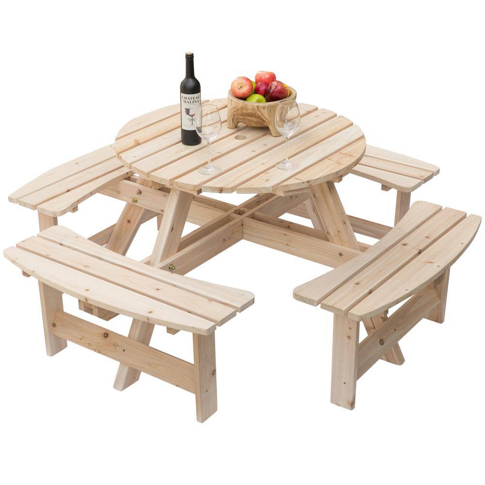 Natural Solid Wood Round Outdoor Picnic Table with Umbrella Hole, Seats 8