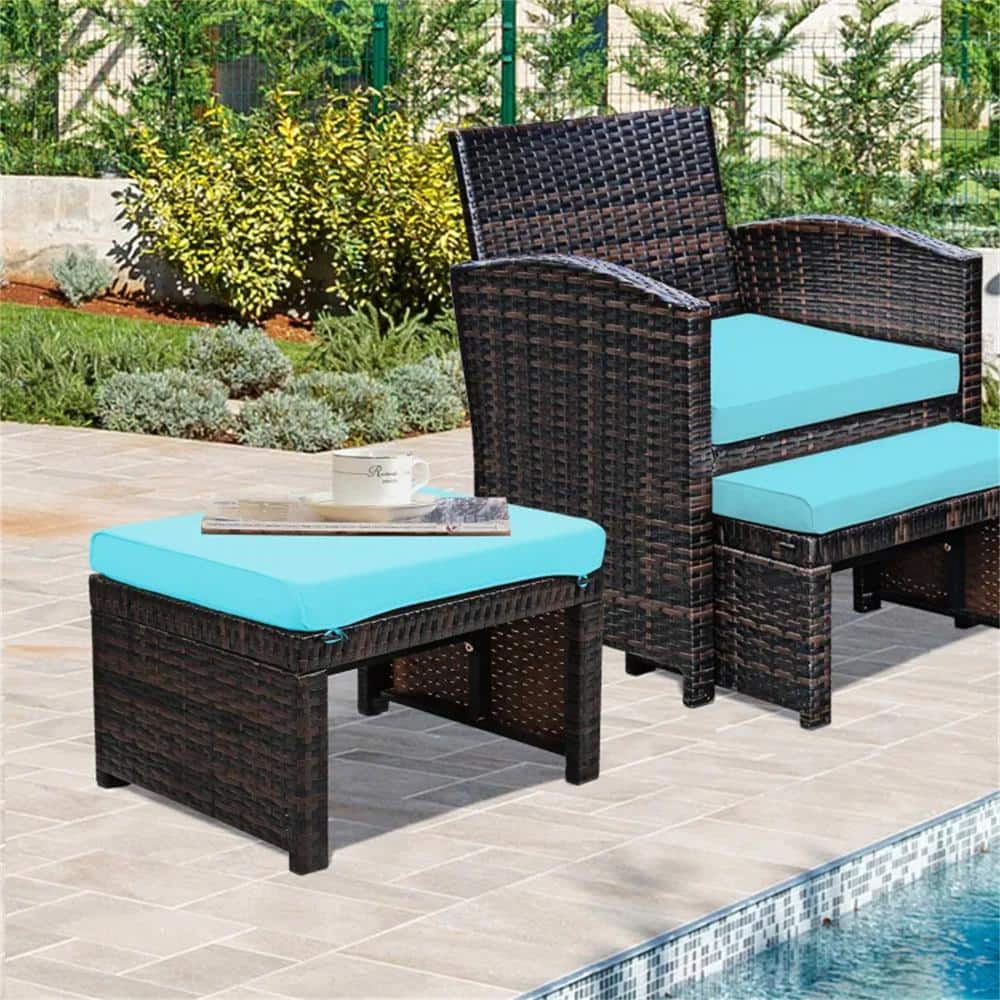 Blue Wicker Outdoor Storage Stool without Sunshade with Blue Cushion (1-Pac