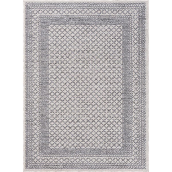 Wyatt Blue 5 ft. x 7 ft. Geometric Bordered High-Low Yarn Indoor/Outdoor Area Rug
