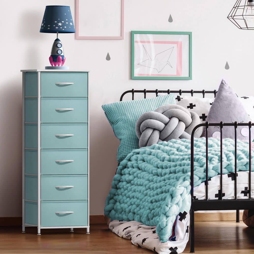 Aqua 6 Drawer 15.75 in Wide Chest of Drawers, Tall Dresser with Steel Frame