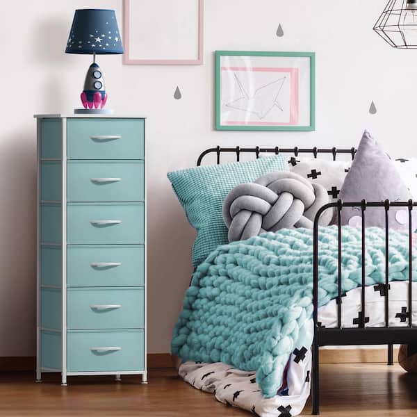 Aqua 6 Drawer 15.75 in Wide Chest of Drawers, Tall Dresser with Steel Frame, Wood Top and Foldable Fabric Bins