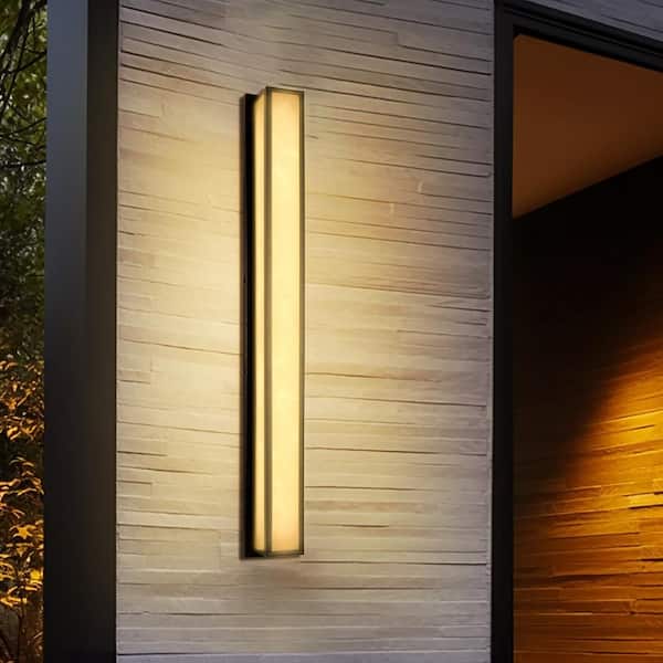 YANSUN 41 in. 30-Watt Black Outdoor Rectangle Hardwired Integrated LED Lantern Wall Sconce with Resin Shade 3000K Waterproof