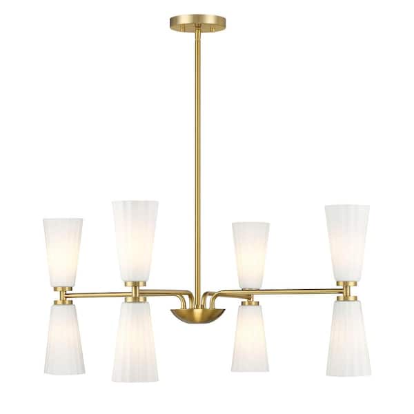 Savoy House Meridian 32 in. W x 14.5 in. H 8-Light Natural Brass Contemporary Chandelier with White Fluted Glass Shades