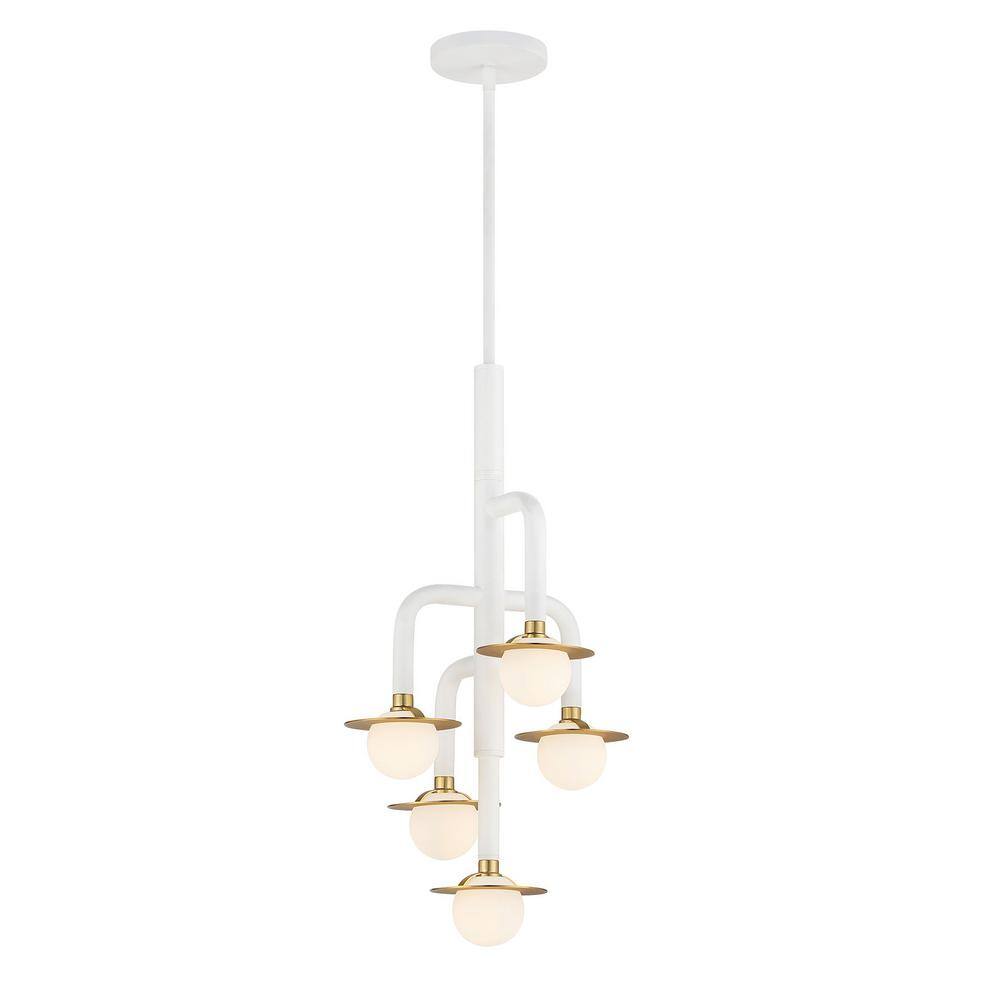 Tubular Matte White and Honey Gold LED Pendant with Etched Opal Glass