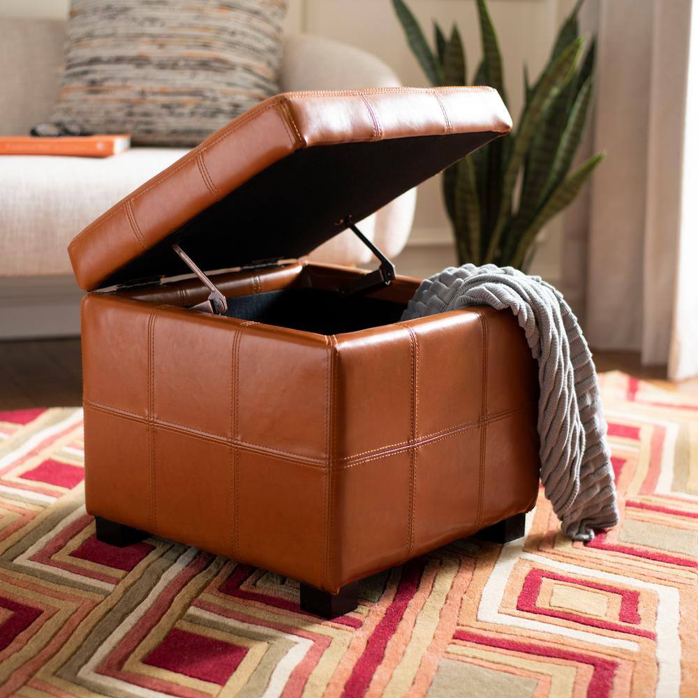 Saddle Brown Leather Tufted Storage Ottoman with Birch Wood