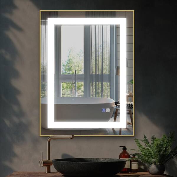 FUNKOL 24 in. W x 32 in. H LED Anti-Fog Dimmable Brushed Gold Frame Wall Mounted White Modern Style Bathroom Vanity Mirror