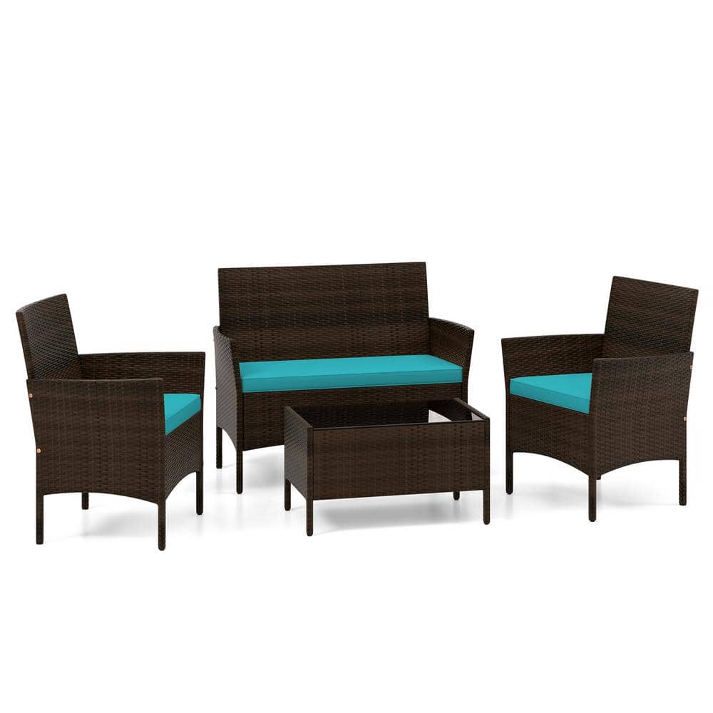 4-Piece Wicker Rattan Patio Conversation Set with Cozy Seat Turquoise Cushions price history on PriceWatchPro