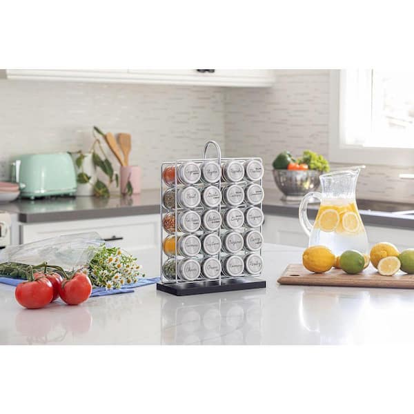 5 Shelf Alloy Steel Jar Chrome Wire Spice Rack with Bamboo Base 160 Preprinted + 20 Blank Spice Jar for Countertop