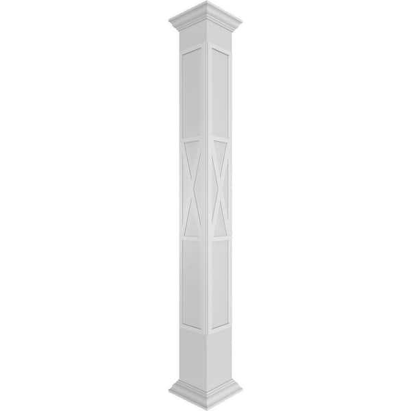 Ekena Millwork 7-5/8 in. x 8 ft. Premium Square Non-Tapered X-Board Farmhouse Fretwork PVC Column Wrap Kit with Crown Capital and Base