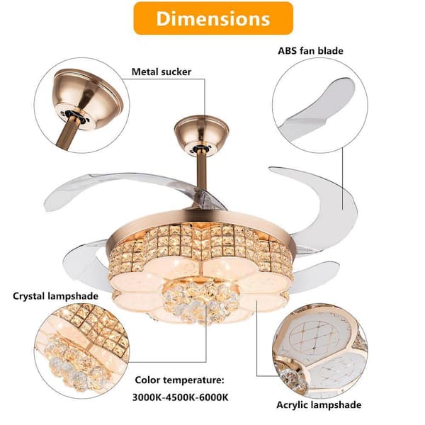 OUKANING 42 in. Indoor Gold Modern Crystal Reversible Ceiling Fan