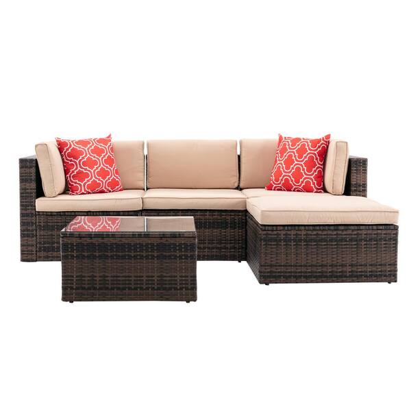 HOMEFUN 5-Piece Dark Brown Mix PE Wicker Outdoor Sectional Conversation Set with Beige Cushion and Glass Table