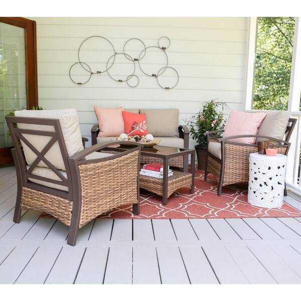 Leisure Made Thompson 4-Piece Wicker Patio Conversation Set with Tan Cushions