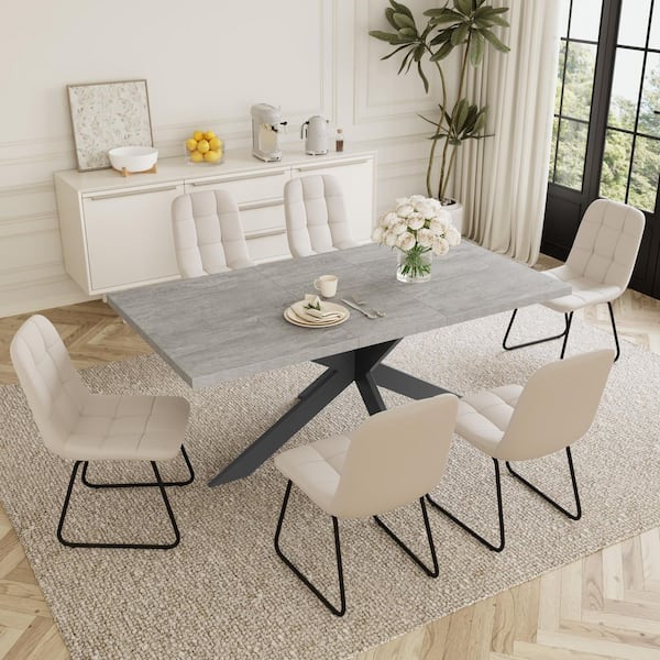 Modern 7-Piece Extendable Rectangle Gray MDF Top Dining Room Set Seating 6 People 66.9 in. with 6 U-shaped White Chairs