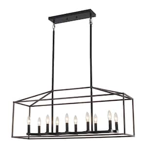 10-Light Black and Imitation Wood Grain Industrial Linear Chandelier Rectangle Pendant Light for Kitchen Island