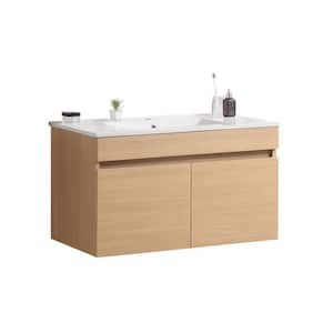 24 in. W Single Sink Wall Mounted Bath Vanity in Light Oak with White Ceramic Top