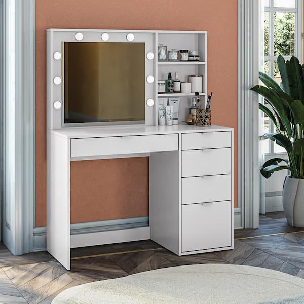 K1 INTERNATIONAL GROUP L Lana 5-Drawer Makeup Vanity, White, with 10 LED Lighted Mirror