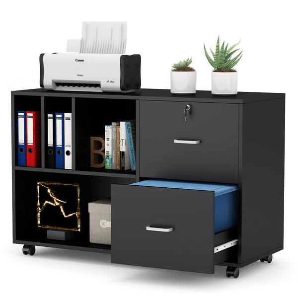 Mobile Wood File Cabinet w/ Lock 3 Drawer Adjustable Open Storage Shelves Office