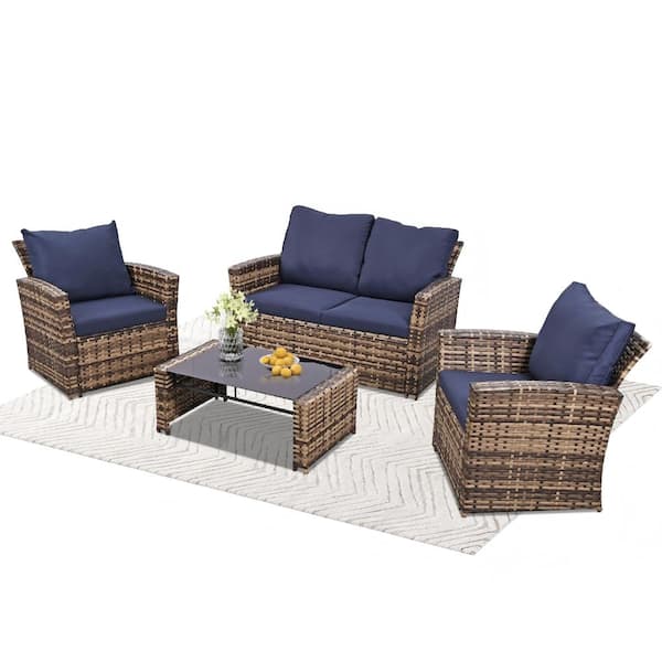 4-Piece Brown Wicker Outdoor Rattan Patio Furniture Set Sectional Sofa with Black Cushions