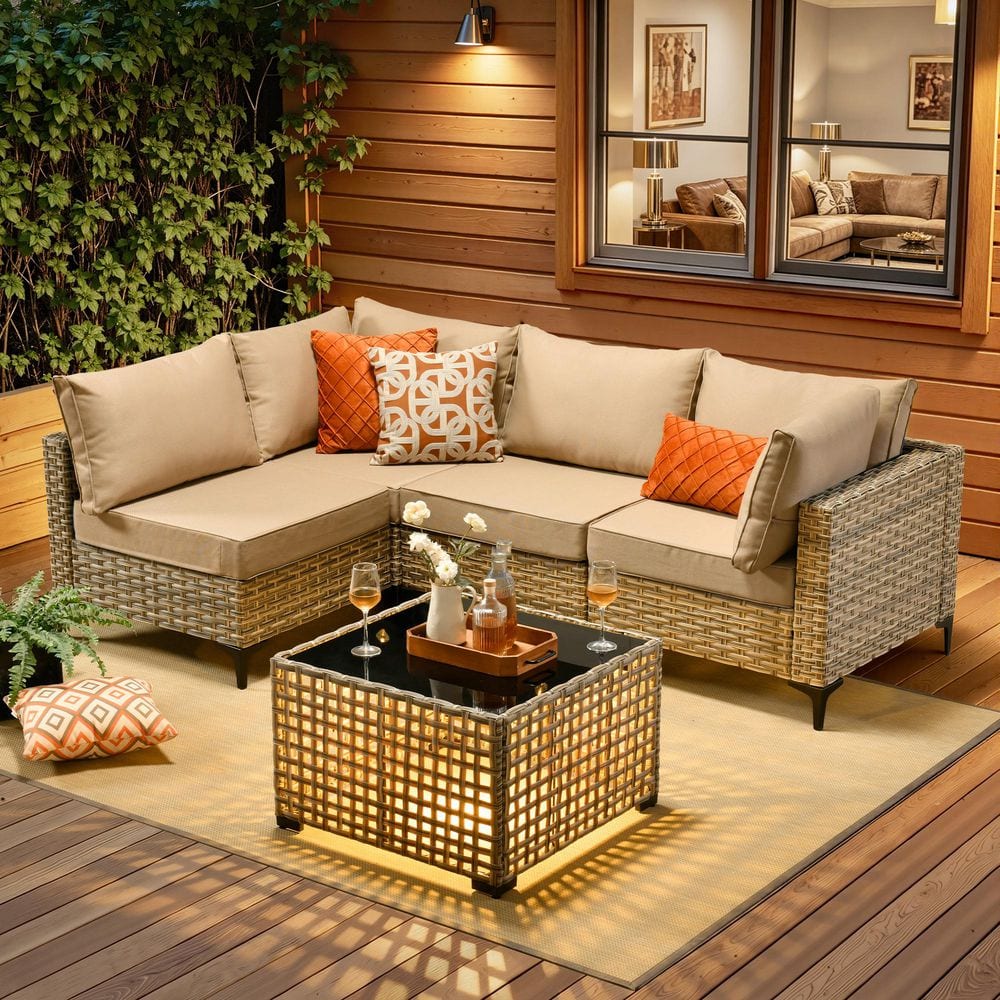 5-Piece Wicker Outdoor Sectional Sofa Set with Solar Light Coffee Table and Beige Cushions for Backyard and Deck price history on PriceWatchPro