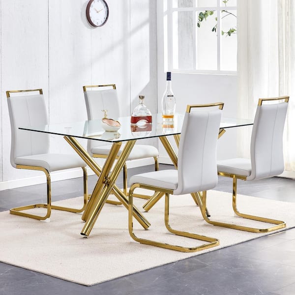 Beige Modern Dining Chairs Set of 4, PU Faux Leather Kitchen Dining Chair, C-Shaped Metal Legs Side Chairs for Kitchen