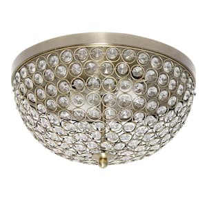 Elipse 13 in. 2-Light Antique Brass and Crystal Flush Mount