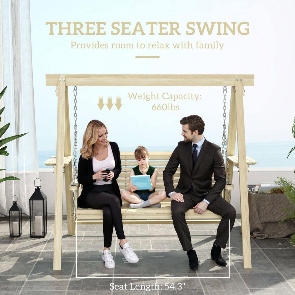 Natural Wood 3-Seat Porch Swing with Side Tables