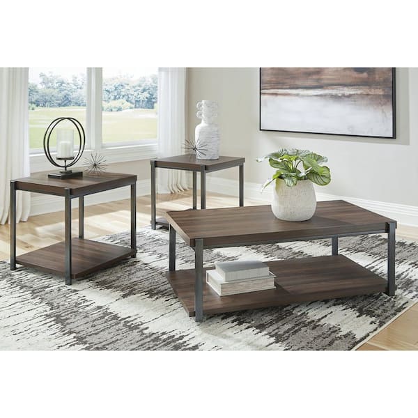 Trindwick 25 in. Brown Rectangle Wood Coffee Table Set with Casters and Shelves