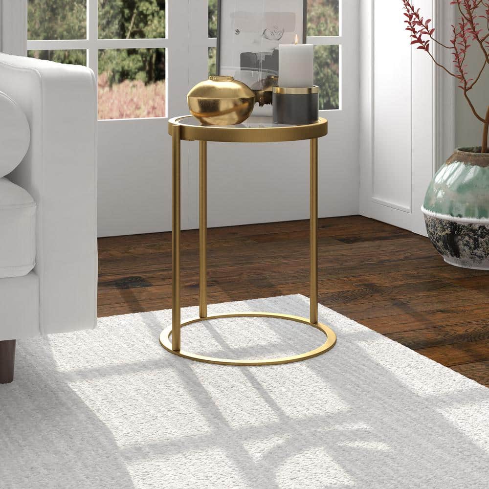 Elegant 16" Brass Round C-Shaped Side Table with Tempered Glass Top
