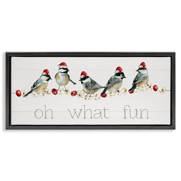 Oh What Fun Holiday Birds by Livi Finn 1-Piece Black Floater Frame Graphic Animal Art Print 11 in. x 25 in.