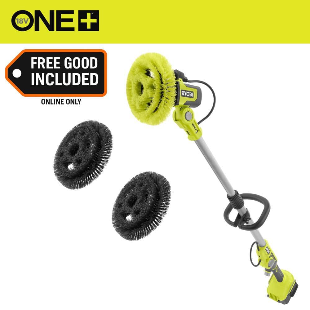 RYOBI ONE+ 18V Cordless Soap Dispensing Scrubber (Tool Only) with (2) 9 in. VORTEX Hard Bristle Brushes (1701B-A95HRB9x2)