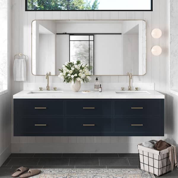 ARIEL Hutton 72.25 in. W x 22 in. D x 19.6 in. H Double Sink Freestanding Bath Vanity in Midnight Blue with Carrara Quartz Top