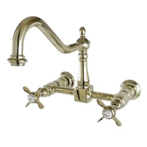 Victorian Solid Cross 2-Handle Wall-Mount Kitchen Faucet in Polished Brass