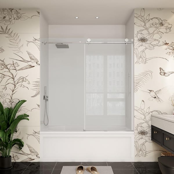 YINVANI 60 in. W x 66 in. H Single Sliding Frameless Soft Close Bypass Bathroom Tub Door in Chrome with Easy-Clean Glass